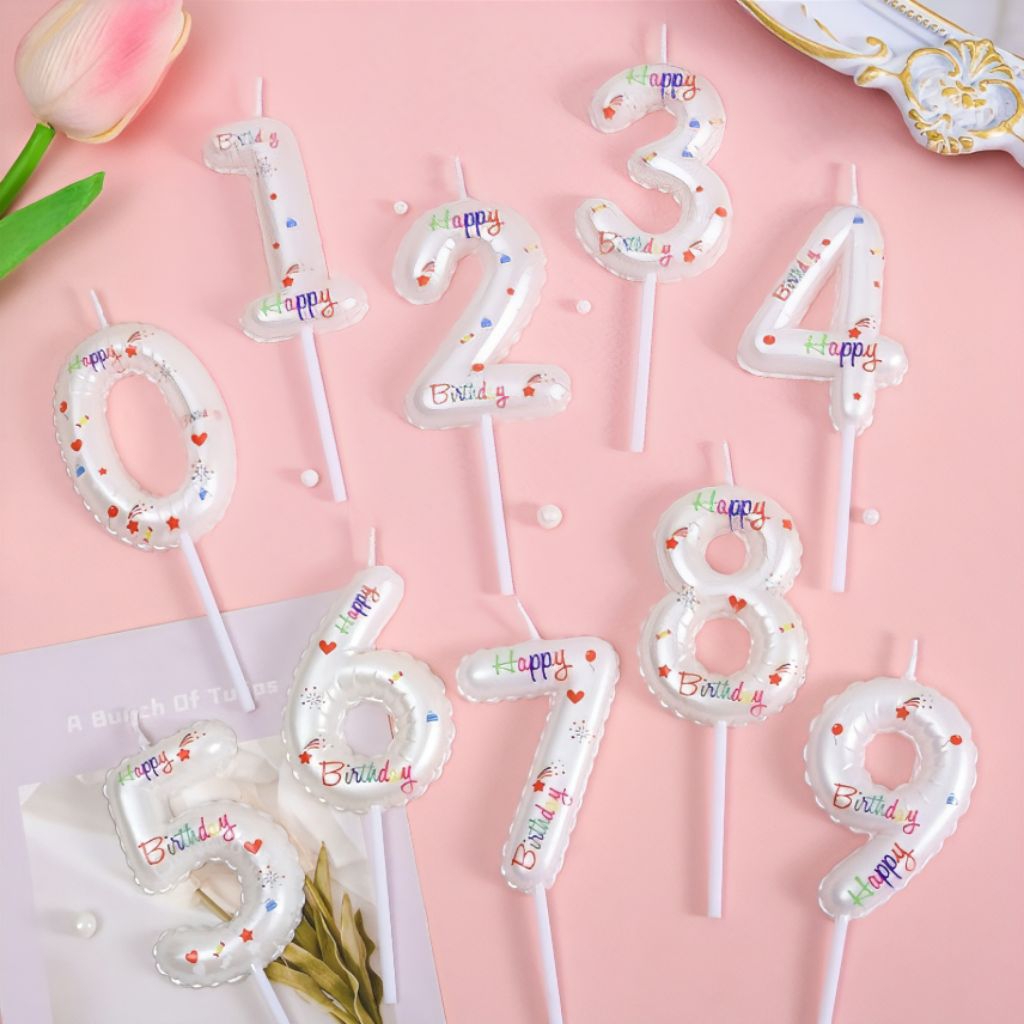 เทียนตัวเลขสีขาวลาย happy birthday พร้อมส่ง