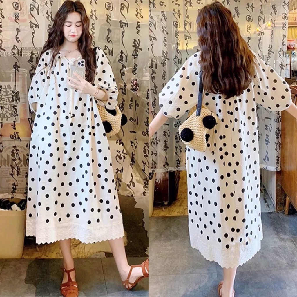 sirinstudio เดรสจุดขาวดำดีเทลเดรสคอวีผูกคอแต่งกระดุมไม้A52