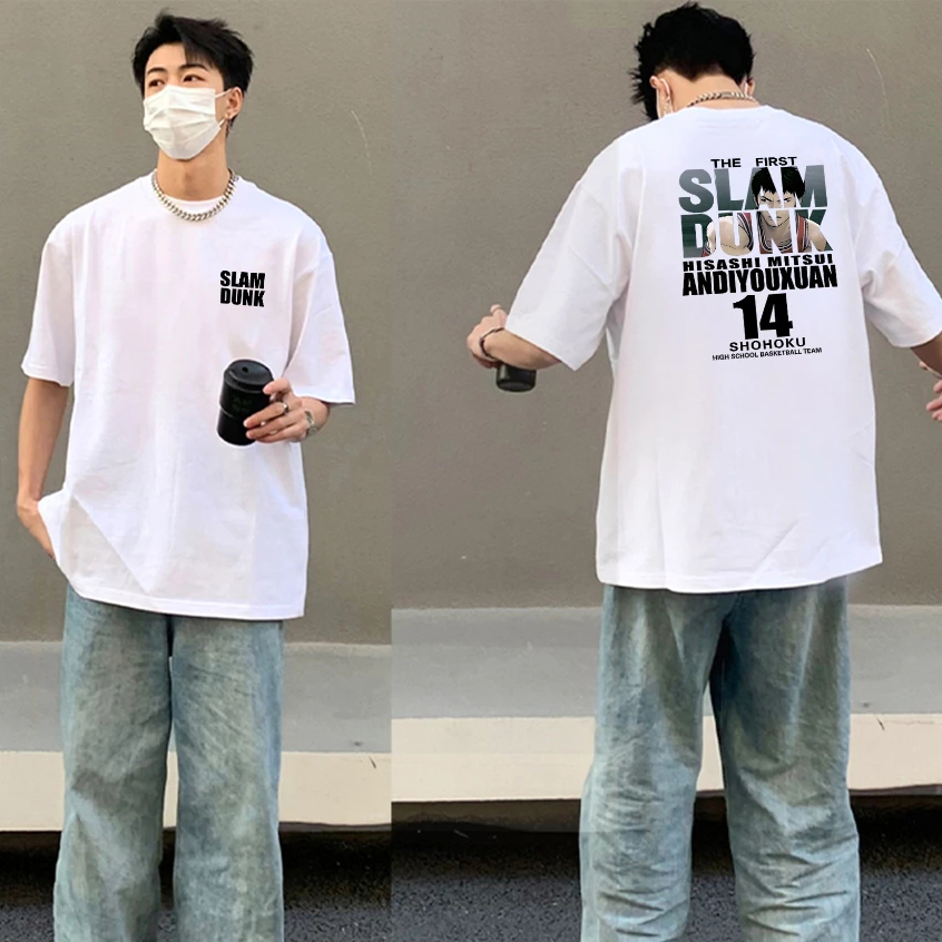 เสื้อยืดoversize คอกลมแขนสั้น พิมพ์ลายอนิเมะ "SLAMDUNK" เสื้อยืดผู้ชายผู้หญิง ไม่หดไม่ย้วย