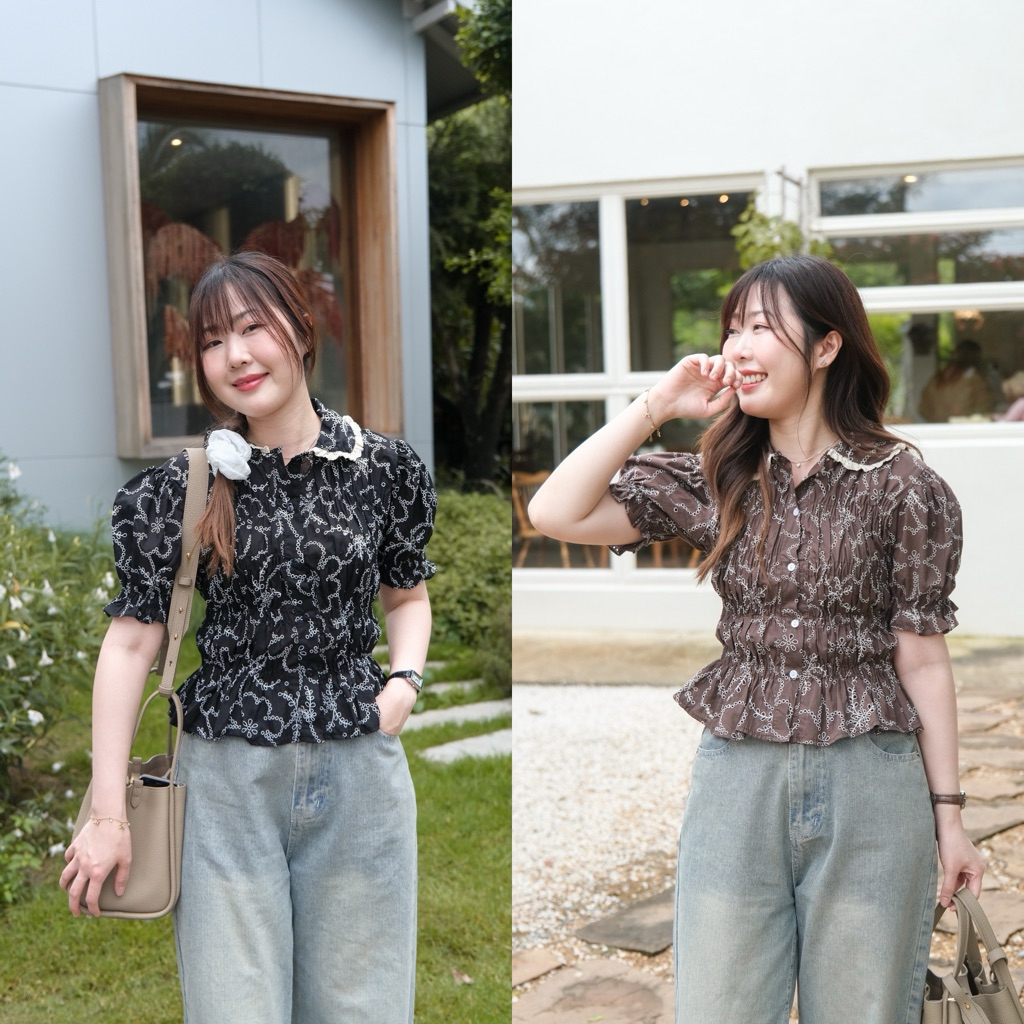 Daisy top🌼Chakiya.store❣️เสื้อเชิ้ตคอบัว ผ้าฉลุลายดอกไม้ สม็อคช่วงตัว🖤🍫