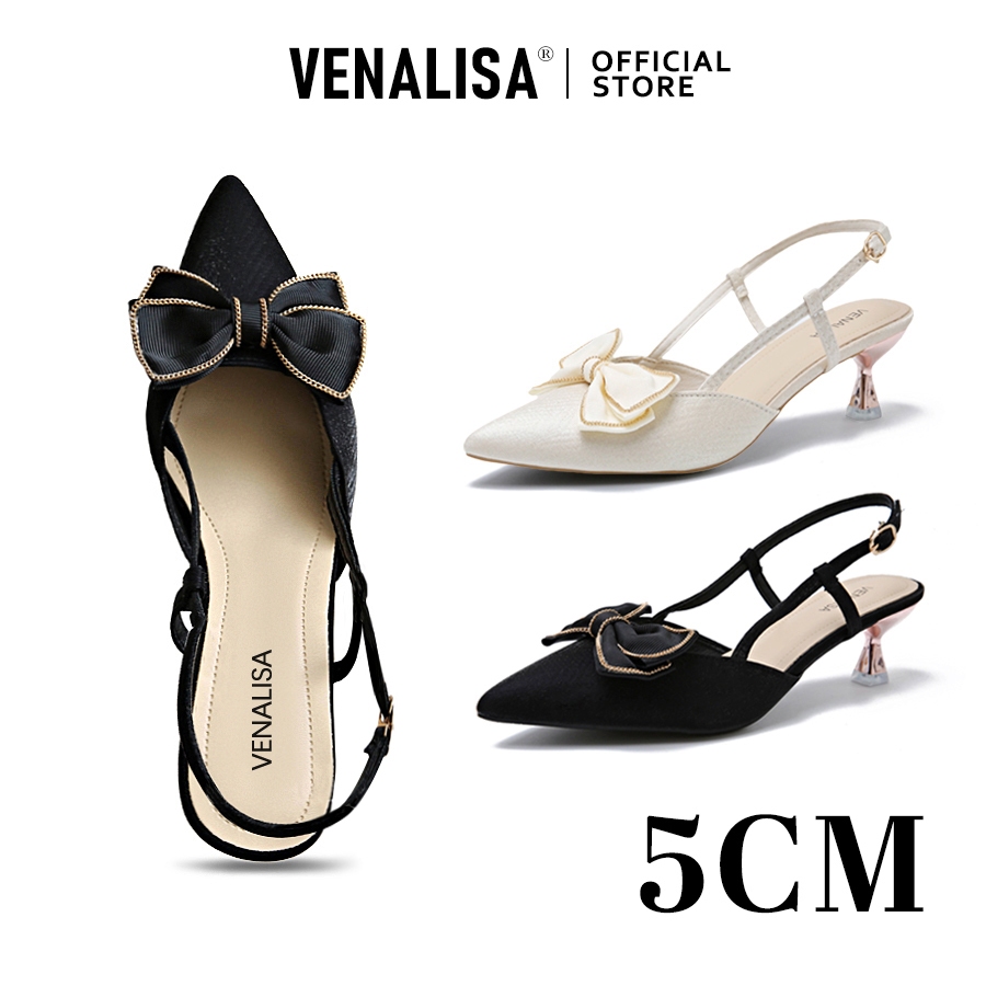 รองเท้า Venalisa สำหรับผู้หญิง หัวแหลม มีโบว์ด้วยเส้นทอง รัดสายเล็ก สายสะพายหลัง รองเท้า คริสตัล สไตล์ชิค
