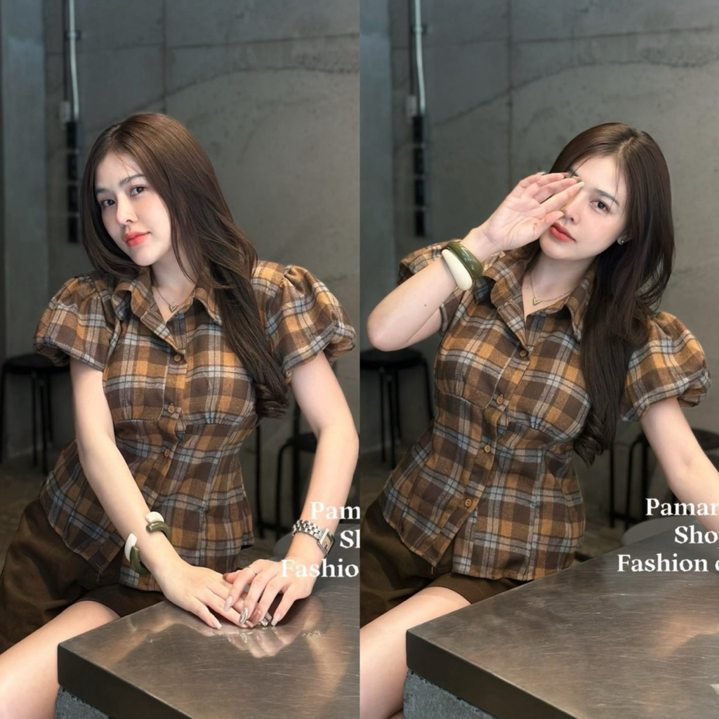 (P903) เสื้อครอปคอปก กระดุมหน้า(อก32-42)แขนกตุ๊กตา ผูกเอวหลัง งานป้าย pamaruay