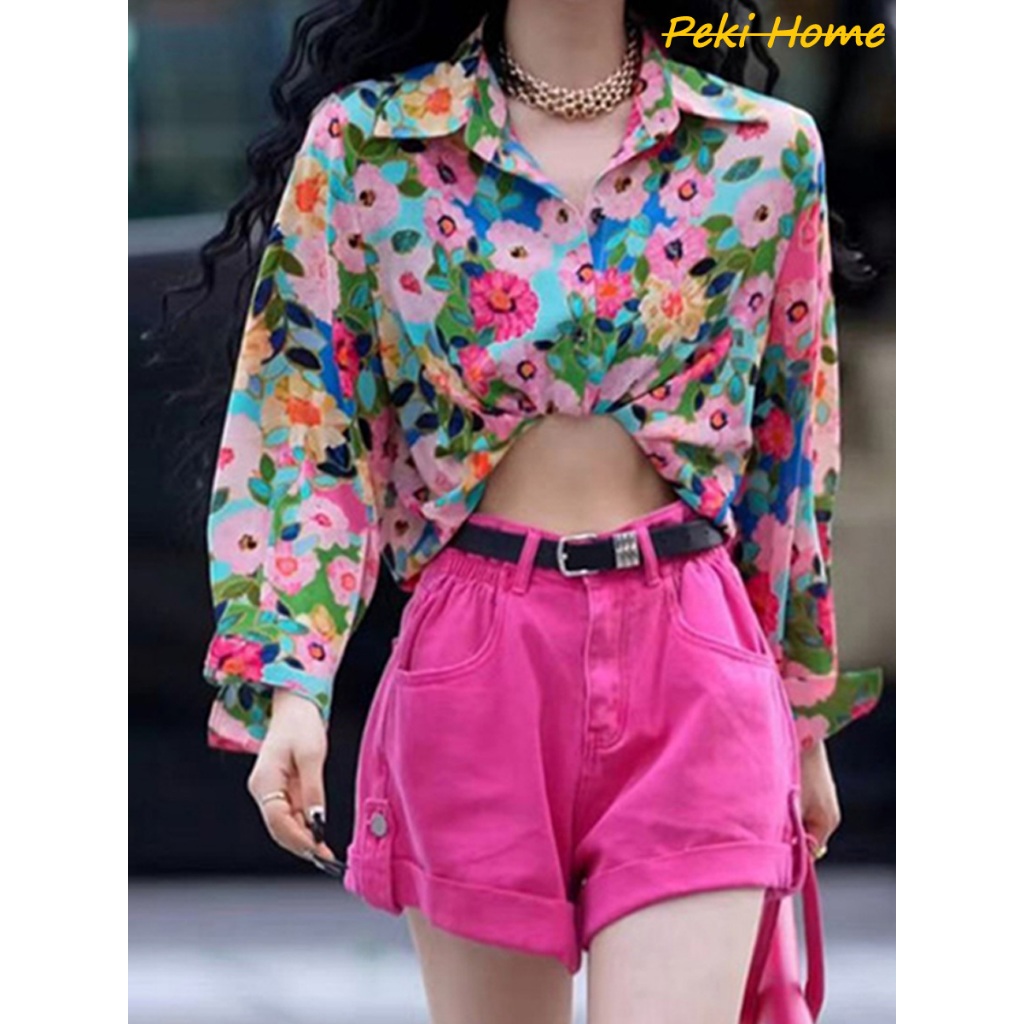 เสื้อเชิ้ตแขนยาว ลายดอกไม้สีสัน ใส่แล้วดูแพง