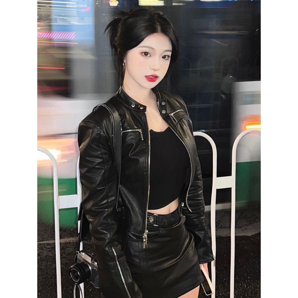 【COD】แจ็คเก็ตหนังสั้นสำหรับขี่มอเตอร์ไซค์สไตล์เรโทรอเมริกันสีดำสำหรับผู้หญิงฤดูใบไม้ร่วงและฤดูหนาว แจ็คเก็ตคอตั้งทรงใหม่