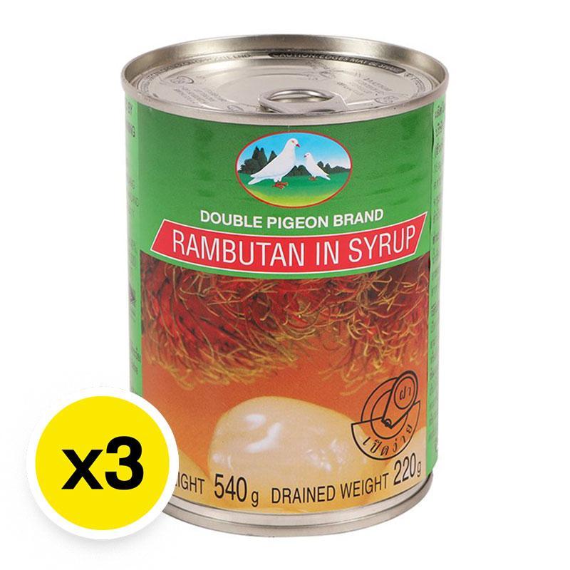 เงาะกระป๋อง (เงาะในน้ำเชื่อม) ตรานกพิราบคู่ 540 ก. แพค 3 กระป๋อง / Rambutan In Syrup 540 g. x 3 cans DOUBLE PIGEON Brand