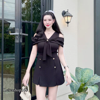 สินค้าพร้อมส่ง ชุดเซตตสั้น กางเกงกระโปรง ผ้าวูลเวฟ เสื้อแขนเว้าไหล่โบว์หน้าแต่งกระดุมเมอแรง+ กางเกงกระโปรงเอวเรียบ