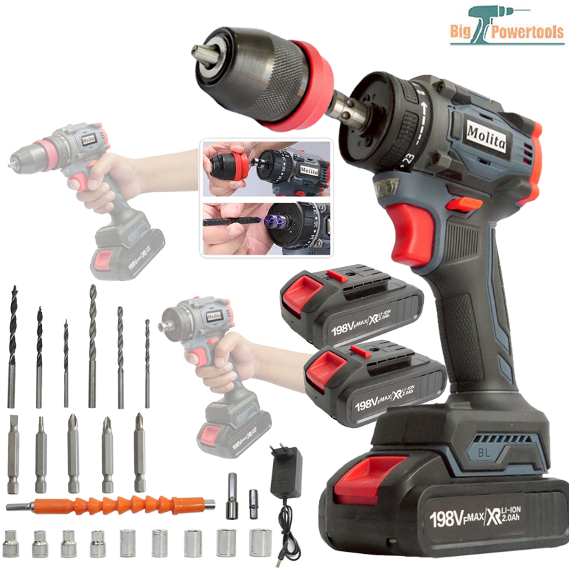 MOLITA สว่านไร้สาย สว่านไร้สายแท้ สว่านไฟฟ้าไร้สาย 198V ไขควง ไฟฟ้า สว่านไขควงไร้สาย สว่านไขควงกระแท