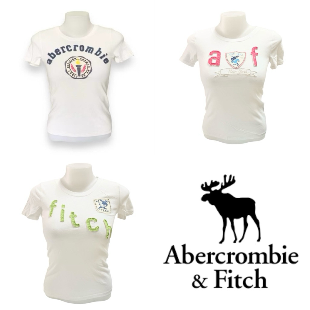 Abercrombie & Fitch เสื้อยืดคอกลม SA249 | ผู้หญิง สีขาว ปักน้ำเงิน/ปักชมพู แขนสั้น เสื้อเด็กไซส์ผู้ใหญ่ มีตำหนิ