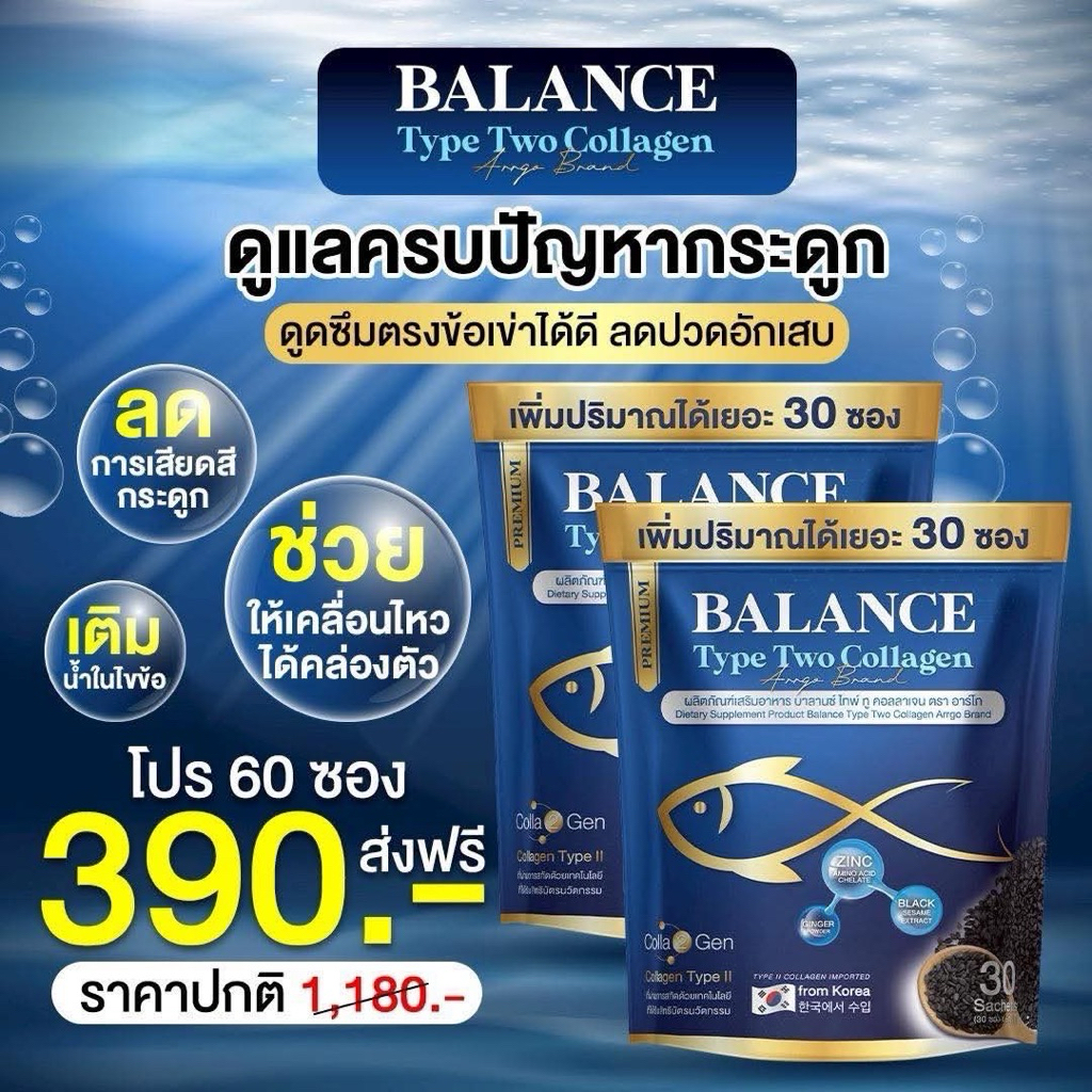 โปร 1 แถม 1 (60ซอง) บางลานซ์ คอลลาเจน Balance Collagen กระดูกพรุน เติมน้ำในข้อ ลดการอักแสบ