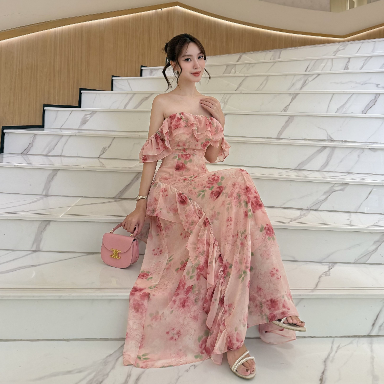 เดรสผ้าชีฟอง Venice VN271 ชุดเดรสยาว ชุดเดรสไปเที่ยว เดรสทางการ  ชุดไปทะเล ชุดไปคาเฟ่ เดรสลายลูกไม้