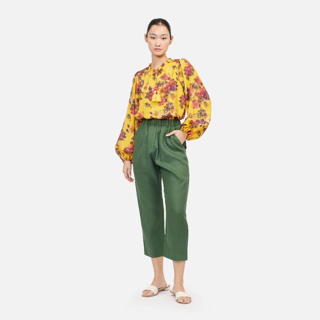 Floral Cotton Silk Loose Ruffle Neck Blouse - Yellow