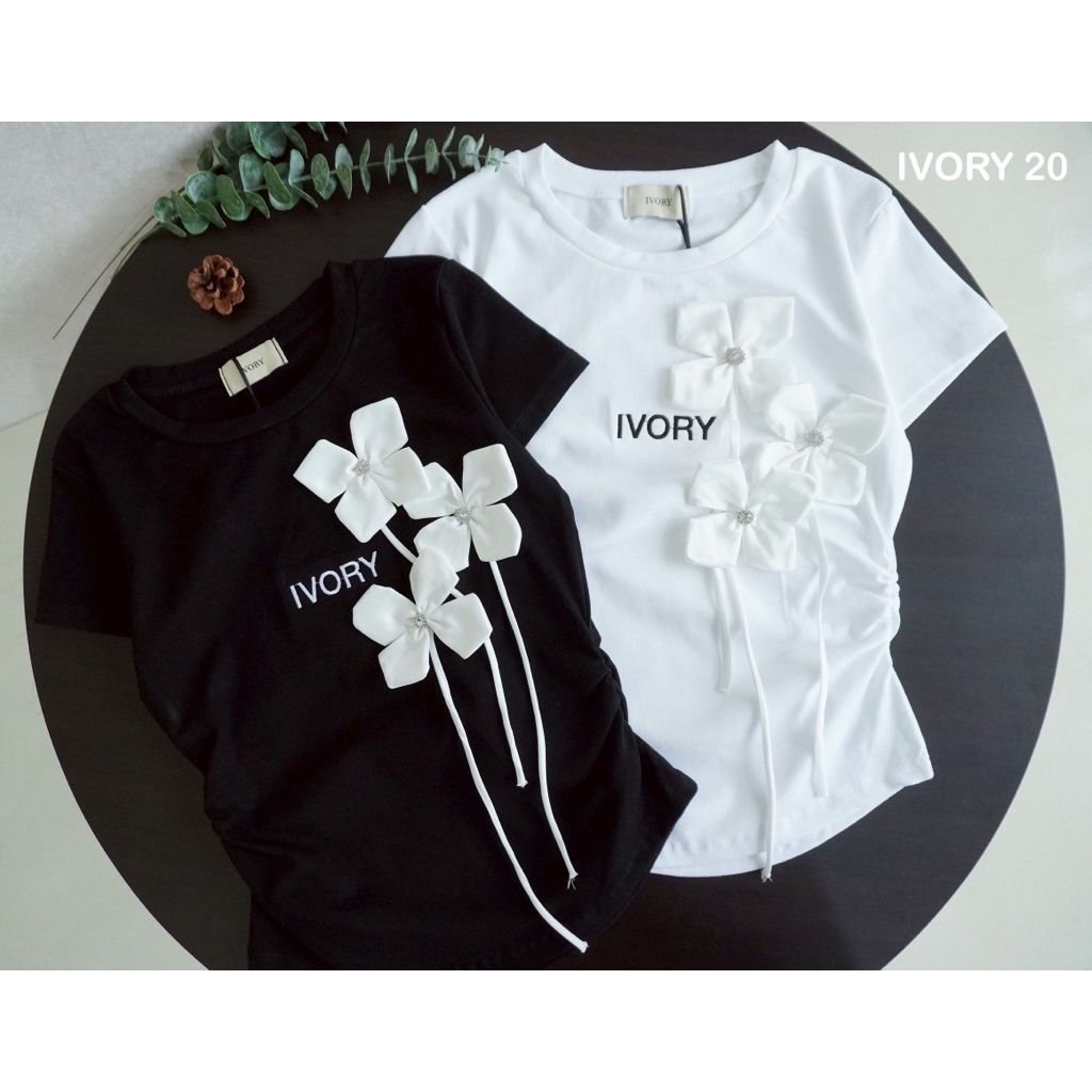 VV881 -VV225 -ป้ายIVORYเสื้อยืด แฟชั่นแขนสั้น ติดดอกไม้เพชร  ผ้ายูนิโคล่ เนื้อนุ่มใส่สบาย - รูปที่ 2
