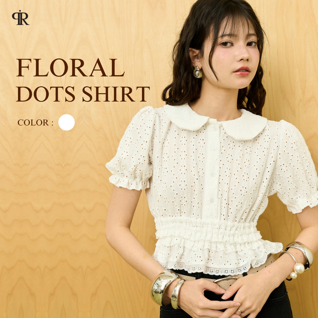 Panchitar Floral Dots Shirt – เสื้อเชิ้ตแขนสั้นผ้าคอตตอนลายดอกไม้ ปกคอบัว จั๊มเอวเข้ารูป