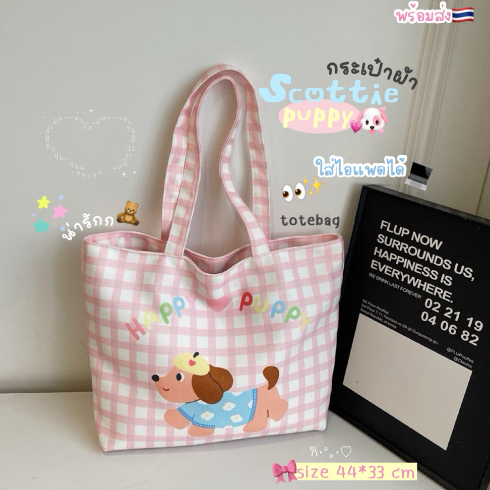 Anacami🎀พร้อมส่ง🎀𝙎𝙘𝙤𝙩𝙩𝙞𝙚𝙋𝙪𝙥𝙥𝙮🩵 กระเป๋าผ้า Tote bag ใบใหญ่ มีซิป✨ใส่ไอแพด/ใส่หนังสือได้💻 มีช่องเล็ก ลายน่ารัก มี 2 สี