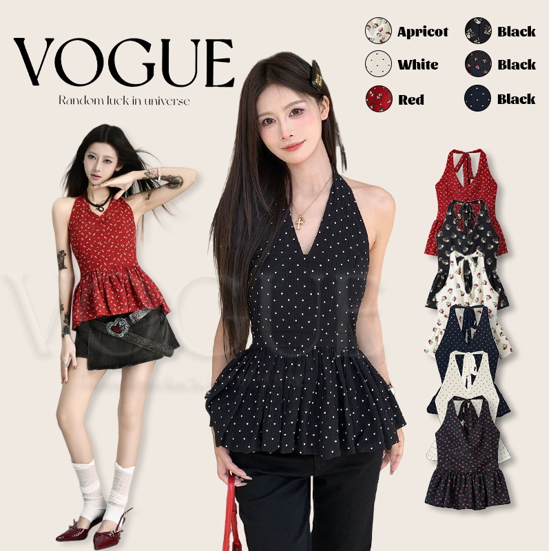 Vogue🌟พร้อมส่ง🌟 เสื้อคล้องคอผูก เว้าหลัง ลวดลายน่ารักยืดพอดีตัวสีสดใส (8K186/8K186-1/8K186-2)