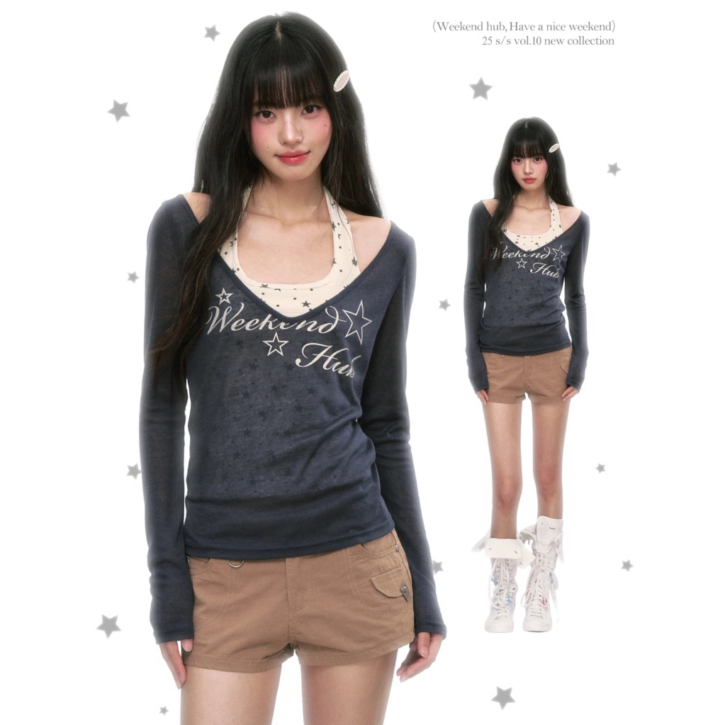 weekendhub| พร้อมส่ง★ long sleeve layer tee เสื้อปาดไหล่+คล้องคอ (ใช้โค้ดลด 20-25%) จากช็อปแท้💯