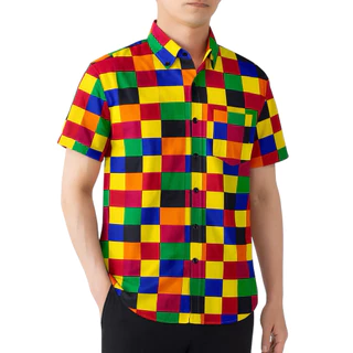 เสื้อเชิ๊ตเเขนสั้นคอปกสลับสีเเนววินเทจลายสก๊อต M-2XL