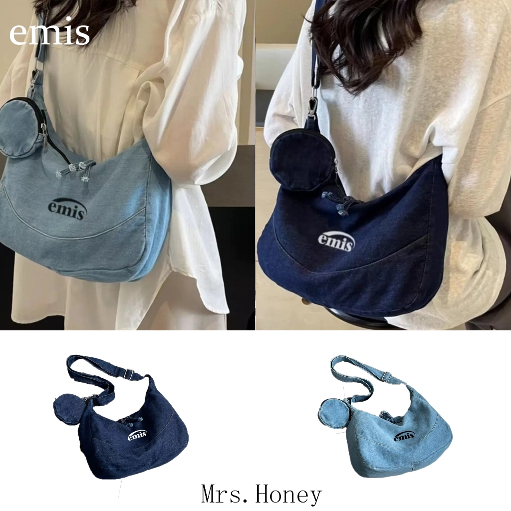『 Mrs.Honey』 พร้อมส่ง ✈️กระเป๋าสะพายไหล่ emis  กระเป๋าผ้ายีนส์สะพายไหล่