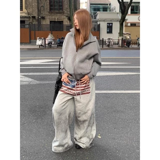 [Trendy printed sports wide-leg pants]กางเกงกีฬาขากว้างพิมพ์ลายฮิปฮอปสำหรับผู้หญิง กางเกงขายาวสีเทาแบบลำลอง