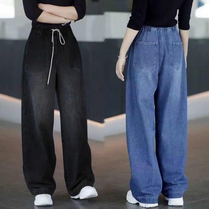 S-10XL กางเกงยีนส์หญิง ทรงกระบอกเอวสูง ใส่สบาย เอวยางยืด ปรับเอวด้วยเชือก