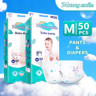 Mamysmile ผ้าอ้อมกางเกง 50 ชิ้น สำหรับเด็กชายและเด็กหญิง สบาย ระบายอากาศดี ป้องกันการรั่วซึม ทุกขนาด