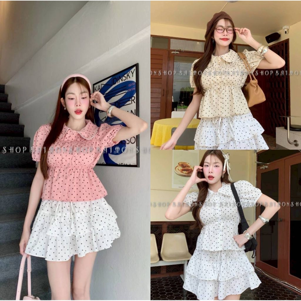 เสื้อคอบัวลายจุด คอแต่งลูกไม้ งานตุ๊กตา งานใส่ผ้าสบาย


