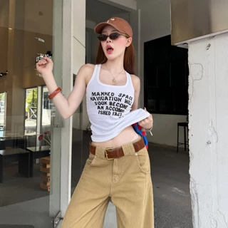 🌈SpinnyHouse🌈เสื้อกล้าม กล้ามเว้าหลัง สกรีนลาย สไตล์ Y2K พร้อมส่ง ผ้ายูนิยืดเยอะมาก สาวอวบใส่ได้ รุ่น กล้ามยูนิ MANKED