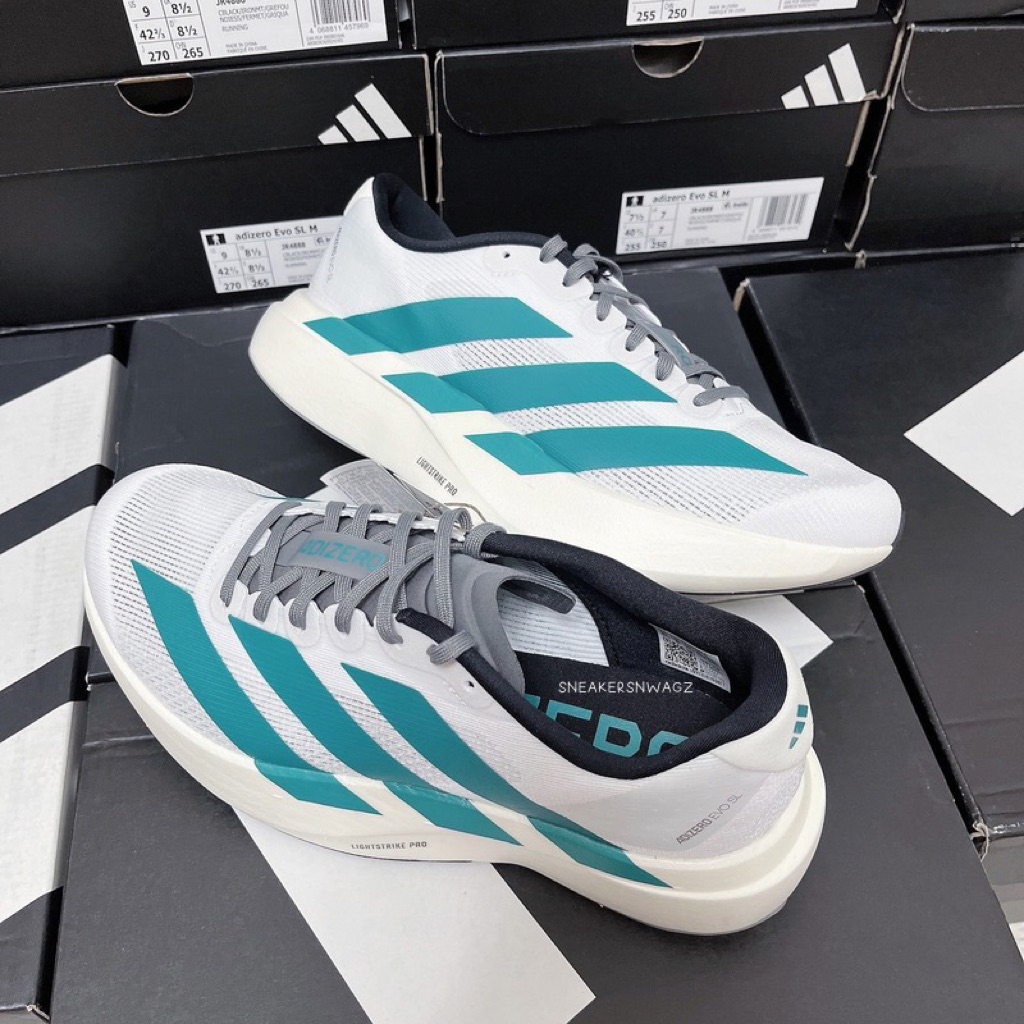 [พร้อมส่ง] รองเท้าวิ่ง ADIDAS ADIZERO EVO SL – (JS4487) Color: Cloud White/Pure Teal/Grey Four