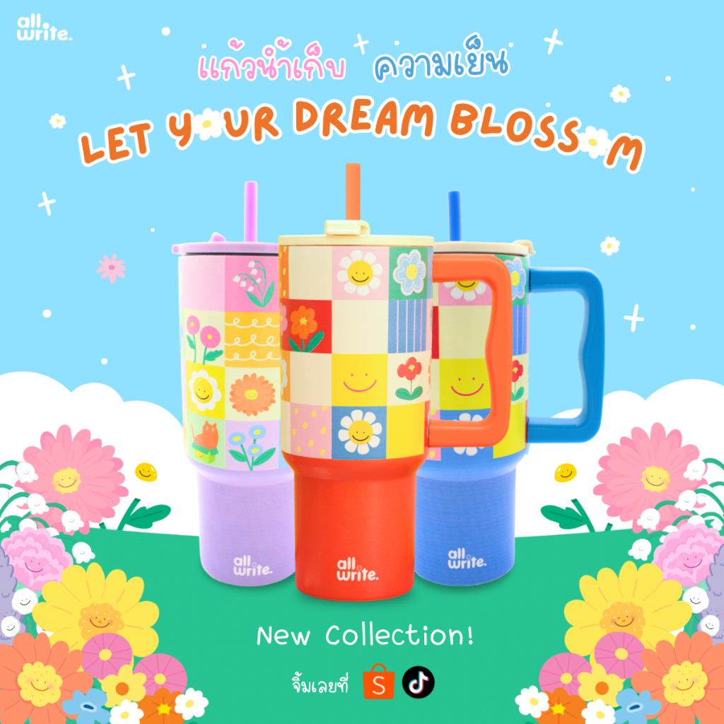 allwrite แก้วเก็บความเย็น แก้วน้ำ ขนาด 30 ออนซ์ ดีไซน์น่ารัก มีหูจับ มีหลอด สะดวกต่อการพกพา