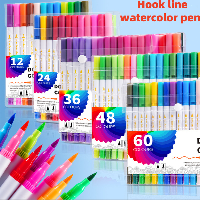12/24/36/48/60/100สี ปากกาแปรงสีน้ำ ปากกาเมจิก สีน้ำสองหัว แบบพกพา ไม่ซ้ำกัน สีสดใส ใช้งานได้ดี