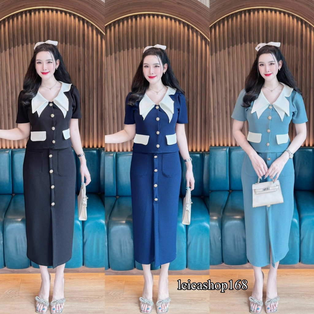สินค้าพร้อมส่ง ชุดเซตกระโปรง เสื้อทรงครอปคอปกทรูโทนกระดุมหน้า + กระโปรงเอวเรียบสม้อคหลังกระเป๋าหน้า  A7000