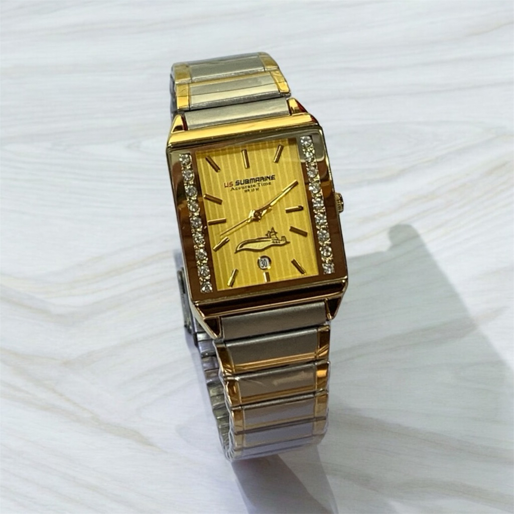 us submarine รุ่น S-1012M นาฬิกาผู้ชายนาฬิกาข้อมือ ควอทซ์ สีทอง มีวันที่ กันน้ำ ของแท้100%
