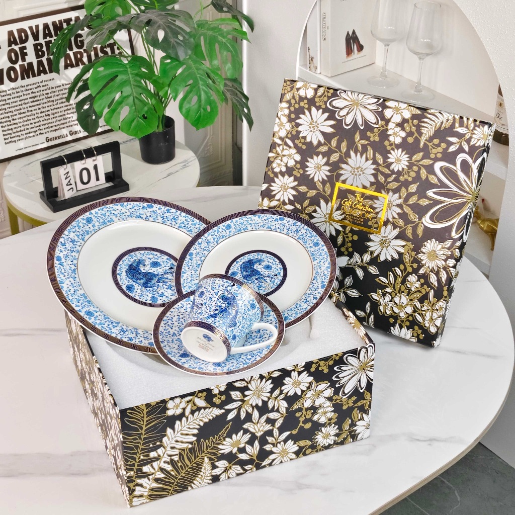 DUNOON [Tiger Series] ชุดจานชาม Bone Porcelain ถ้วยกาแฟและจานชามแบบตะวันตก 4 ชิ้น