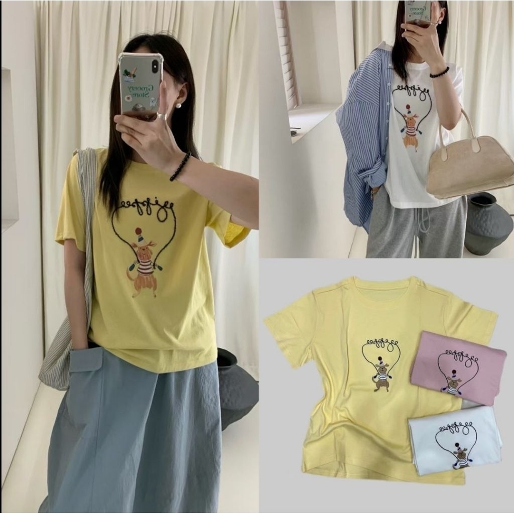 [ T2 ] เสื้อยืดเกาหลี ผู้หญิง Free Size Cotton Premium ปักลายหมาน่ารัก