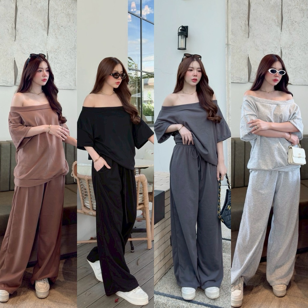 ☕️ CHOCOMOOD SET 💋พร้อมส่ง✨ใส่แล้วละมุน~ เหมือนนั่งคาเฟ่เกาหลีทุกวัน  ✅ เสื้อเปิดไหล่ชิคๆ+กางเกงขายาว มีกระเป๋า🫶🏻sheeny