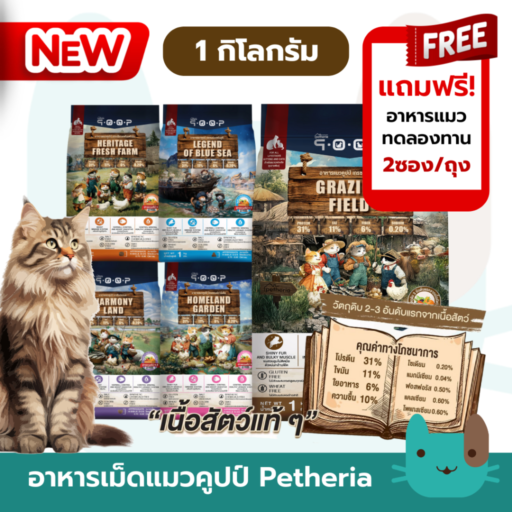 Petheria qoop อาหารแมวคูปป์ 1 กิโลกรัม ผลิตจากเนื้อสัตว์แท้ เพื่อสุขภาพน้องแมว ไม่มีกลูเตน