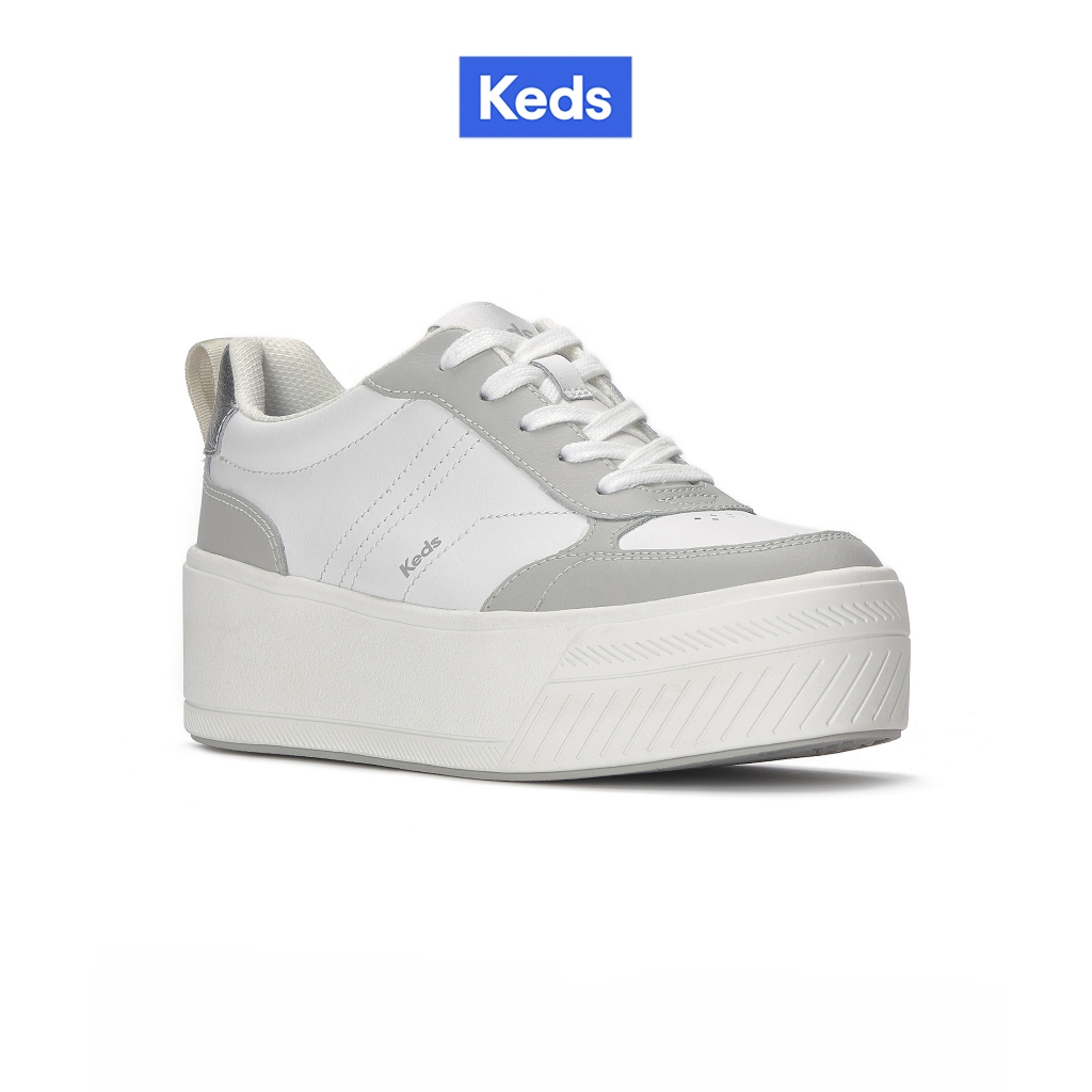 KEDS รองเท้าผ้าใบมีส้น รุ่น SKYLER II LEATHER METALLIC HEEL สีขาว/ สีเทา ( KW-SKYII-7A-110 )