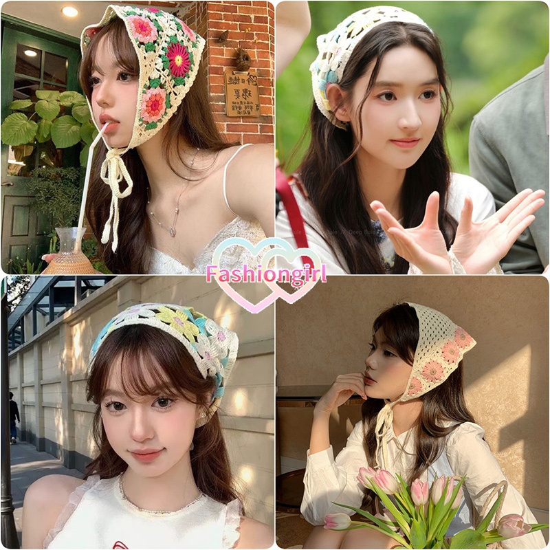 Fashion girl💮💮ลายดอกไม้ ที่คาดผม ผ้าพันคอถักสามเหลี่ยม สไตล์เกาหลี แฟชั่นสําหรับผู้หญิง หลากหลายสไตล์ พร้อมส่งในไทย