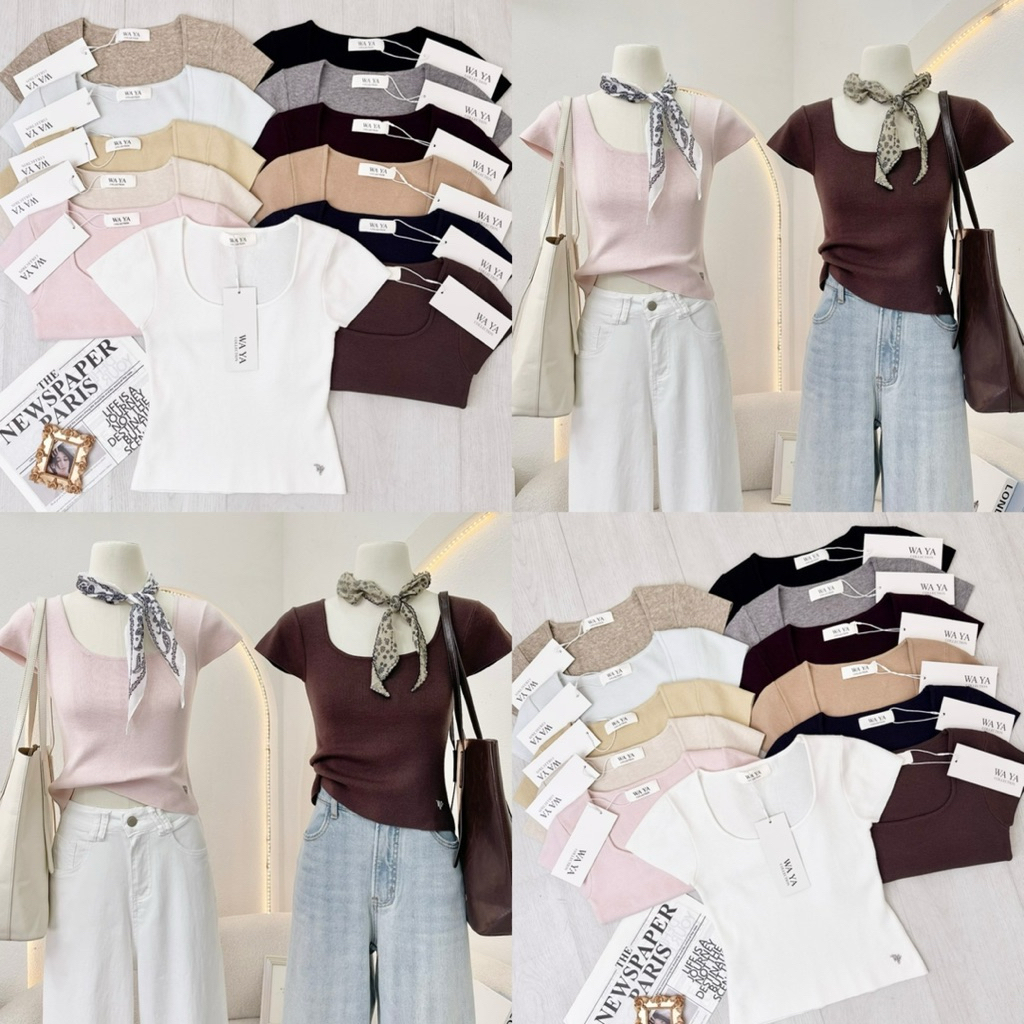 Wa.ya - เสื้อไหมพรมทรงครอป คอเหลี่ยม (w001)