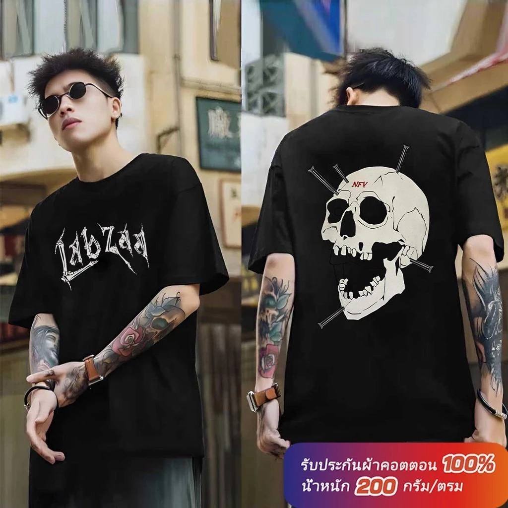 (ผ้าฝ้าย 100%) Luvoro 2026 Cotton ย้อนยุค oversize T-shirt เนื้อผ้านุ่มระบายอากาศดี แขนสั้น สีดำและสีขาว เสื้อยืดแขนสั้น - รูปที่ 4