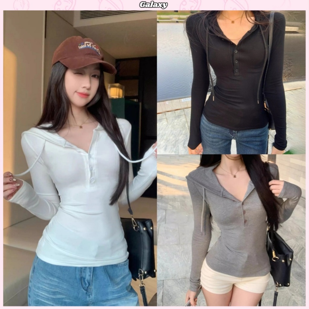 เสื้อแขนยาว เสื้อแขนยาวผู้หญิง คอV มีฮู้ด​ ดูผอม แฟชั่น #020408