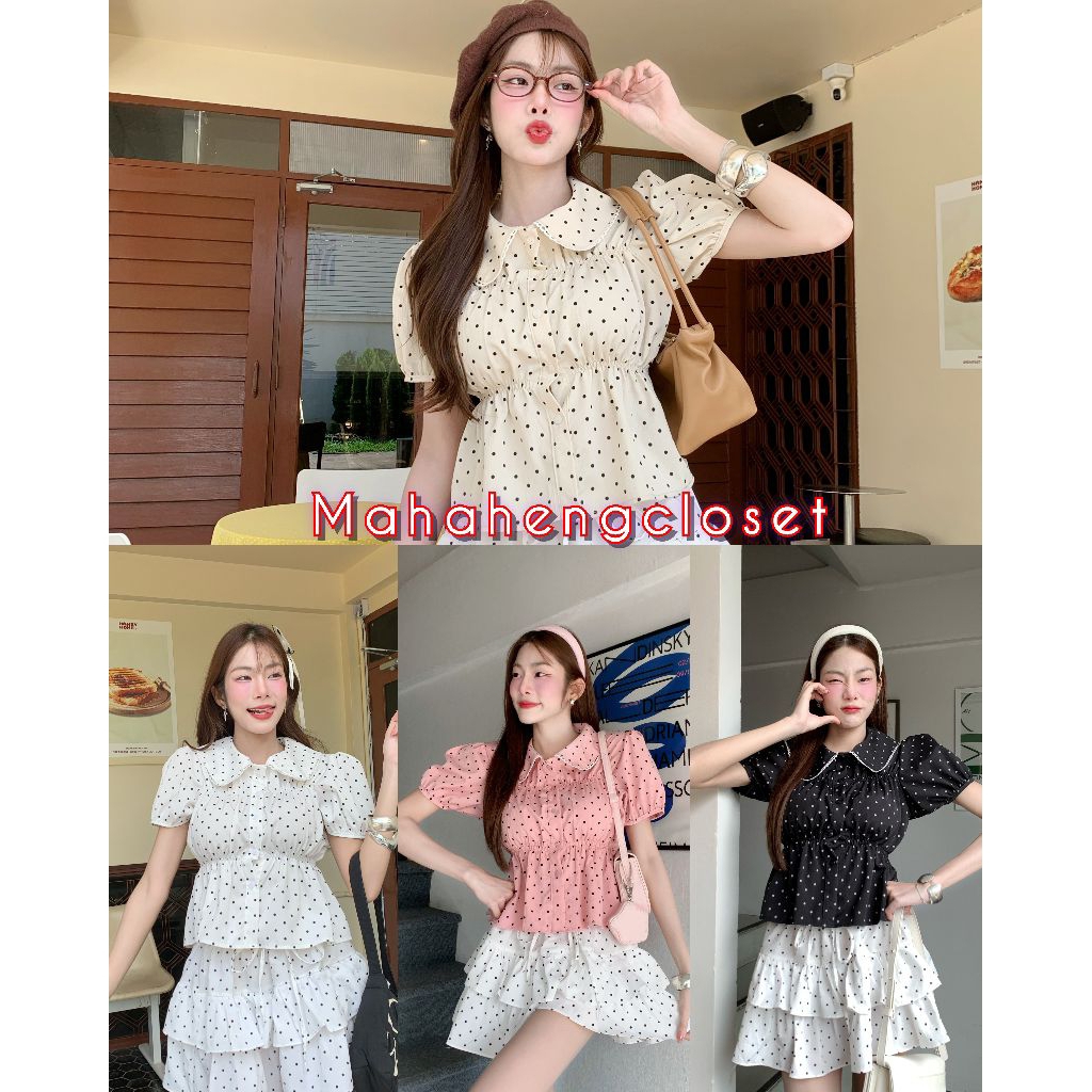 💰MahahengCloset💰เสื้อคอบัวลายจุด แต่งลูกไม้ แขนตุ๊กตาพอง ดีเทลระบายชาย ใส่แล้วน่ารักละมุน💕
