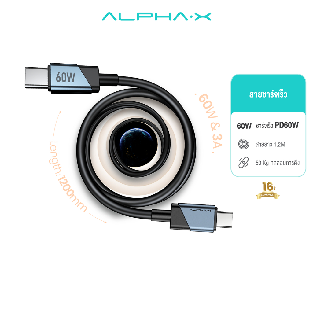 ALPHA·X ALUSB-CC1 สายชาร์จเร็ว PD100W Type-C to Type-C ยาว 1.2ม. Data Cable รับประกันสินค้า 16 เดือน