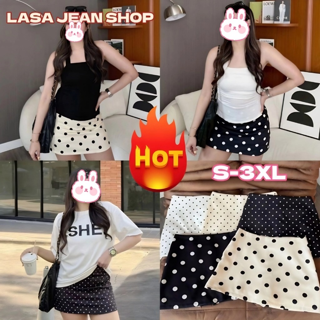 LASA JEAN SHOP ✅ กระโปรงสั้นเอวสูงลายจุด⭐ ผ้าชีฟองคุณภาพดีมีซับใน🍎 มีสองสีคือสีดำและสีขาว สวยมาก 📏 ขนาด S-3XL #2043