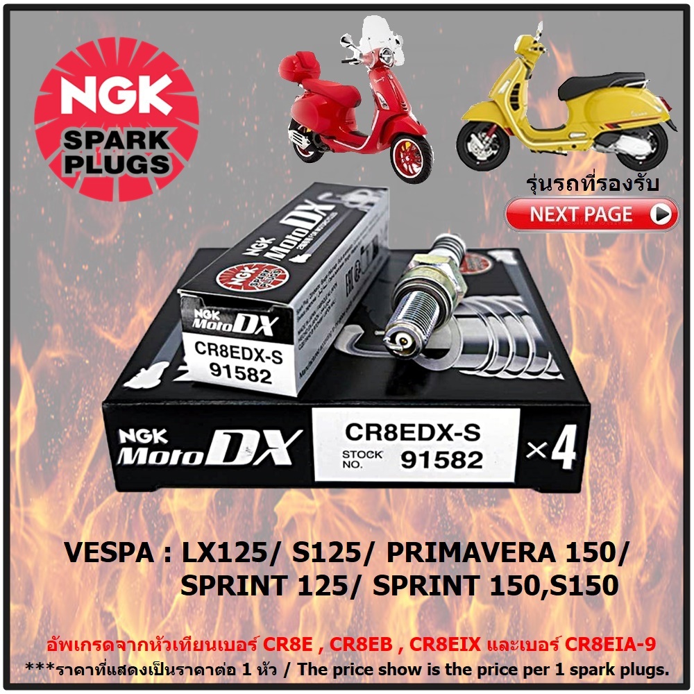 หัวเทียน NGK CR8EDX-S รุ่น MotoDX ขั้ว Ruthenium จำนวน 1 หัว สำหรับ VESPA LX125/ S125/ PRIMAVERA150/