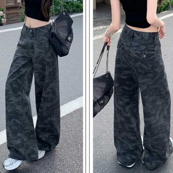 Beautified กางเกงยีนส์กระบอกตรงขากว้างลายพรางทรงคาร์โก้สไตล์อเมริกันวินเทจ การออกแบบหลวมดูผอมV6636