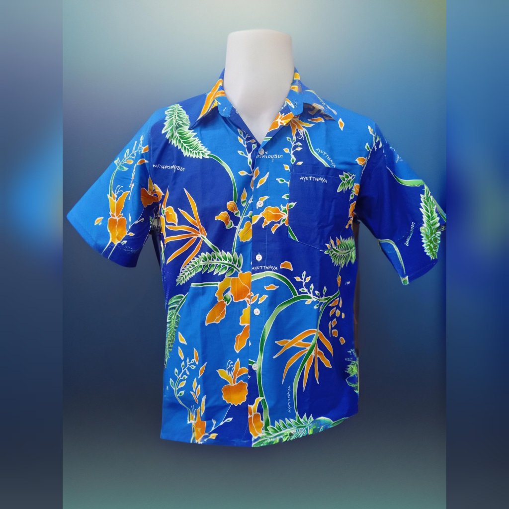 เสื้อเชิ้ตดอกโสนคอปก เด็กโต ผู้ใหญ่ ประจำจังหวัดพระนครศรีอยุธยา มีกระเป๋า ทรงตรง