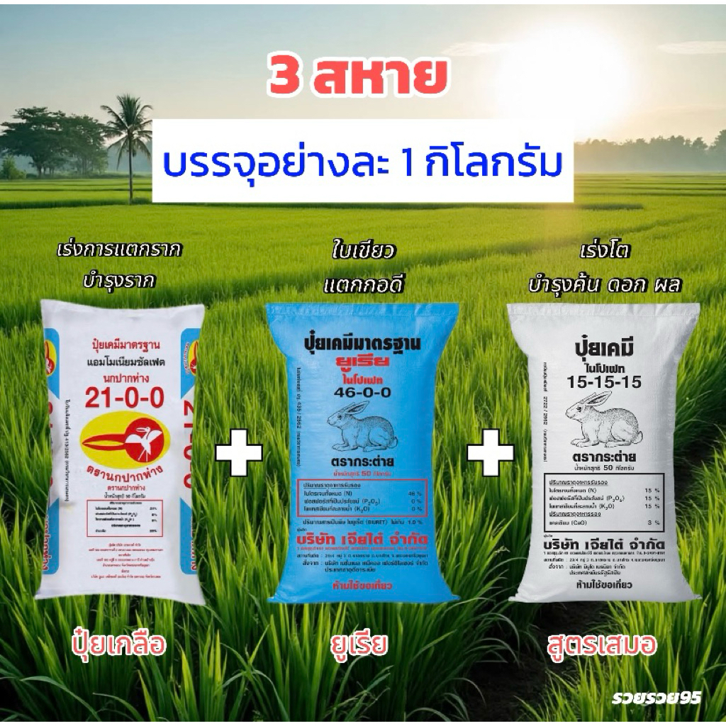 ปุ๋ย 3 สหาย 21-1-1,46-0-0,15-15-15 ยูเรีย+ปุ๋ยเกลือ+กระต่ายเสมอบรรจุอย่าละ 1 กิโลกรัม