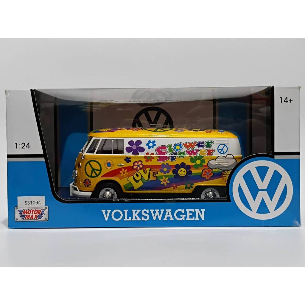 โมเดลรถ Motormax Volkswagon Type 2 (T1) Delivery Van (FLower Power) Yellow/White scale 1:24 NEW in t