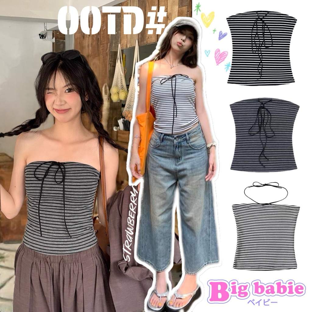 STR พร้อมส่ง🍄🍂เสื้อเกาะอก ดีเทลลายทาง มีฟองน้ำ ผูกคอได้ เสื้อครอปทรงเข้ารูป สไตล์ลำลอง เซ็กซี่แฟชั่นผู้หญิง ชุดไปเที่ยว